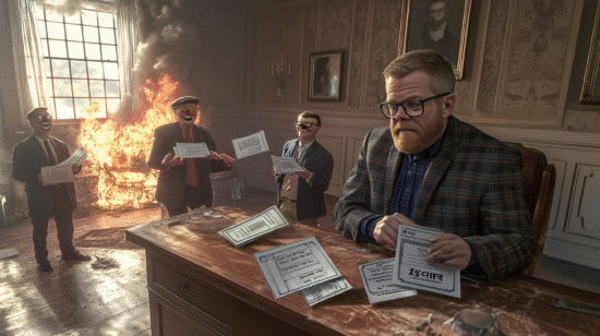 A man in a suit sitting at a desk with three other figures holding papers in a room with a fire in the background.