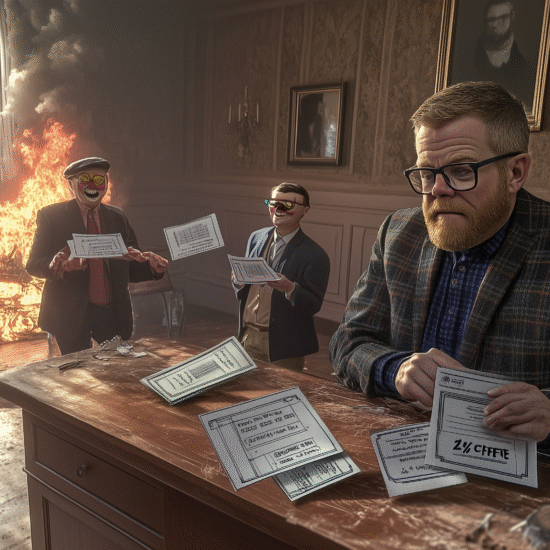 A man in a suit sitting at a desk with three other figures holding papers in a room with a fire in the background.