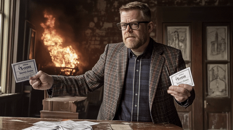 Man in a plaid blazer holding two cards in a room with a fire in the background.