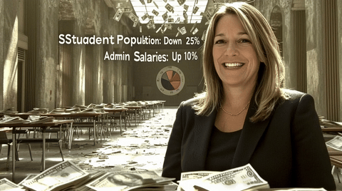 Woman smiling in front of a table covered with money and financial statistics displayed in the background.