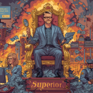 A man in a suit seated on a throne, surrounded by money and cityscape elements, with a woman at a computer and police officers.
