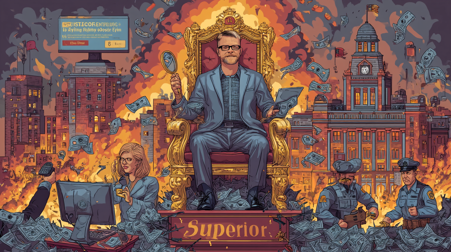 A man in a suit seated on a throne, surrounded by money and cityscape elements, with a woman at a computer and police officers.