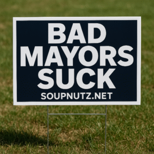 Sign displaying the message 'BAD MAYORS SUCK' on a dark background with a metal stake.