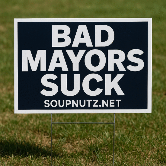 Sign displaying the message 'BAD MAYORS SUCK' on a dark background with a metal stake.