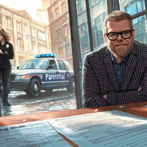 A man with glasses sitting at a table with documents, a police car visible outside the window.