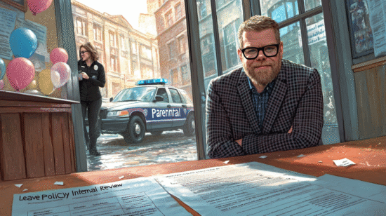 A man with glasses sitting at a table with documents, a police car visible outside the window.