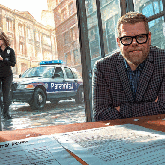 A man with glasses sitting at a table with documents, a police car visible outside the window.