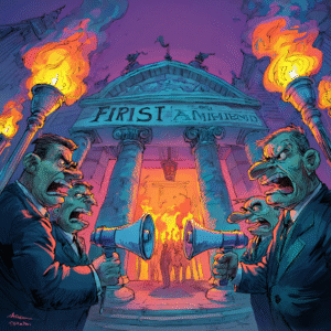 Cartoon illustration depicting two men shouting into megaphones outside a building labeled 'First Amendment'.