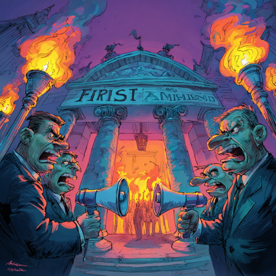 Cartoon illustration depicting two men shouting into megaphones outside a building labeled 'First Amendment'.
