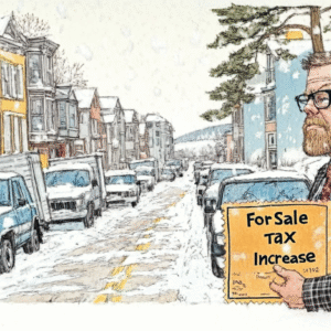 Man in a plaid suit holding a sign that reads 'For Sale Tax Increase' on a snowy street with parked vehicles.