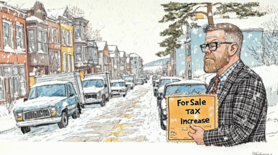 Man in a plaid suit holding a sign that reads 'For Sale Tax Increase' on a snowy street with parked vehicles.