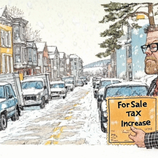 Man in a plaid suit holding a sign that reads 'For Sale Tax Increase' on a snowy street with parked vehicles.