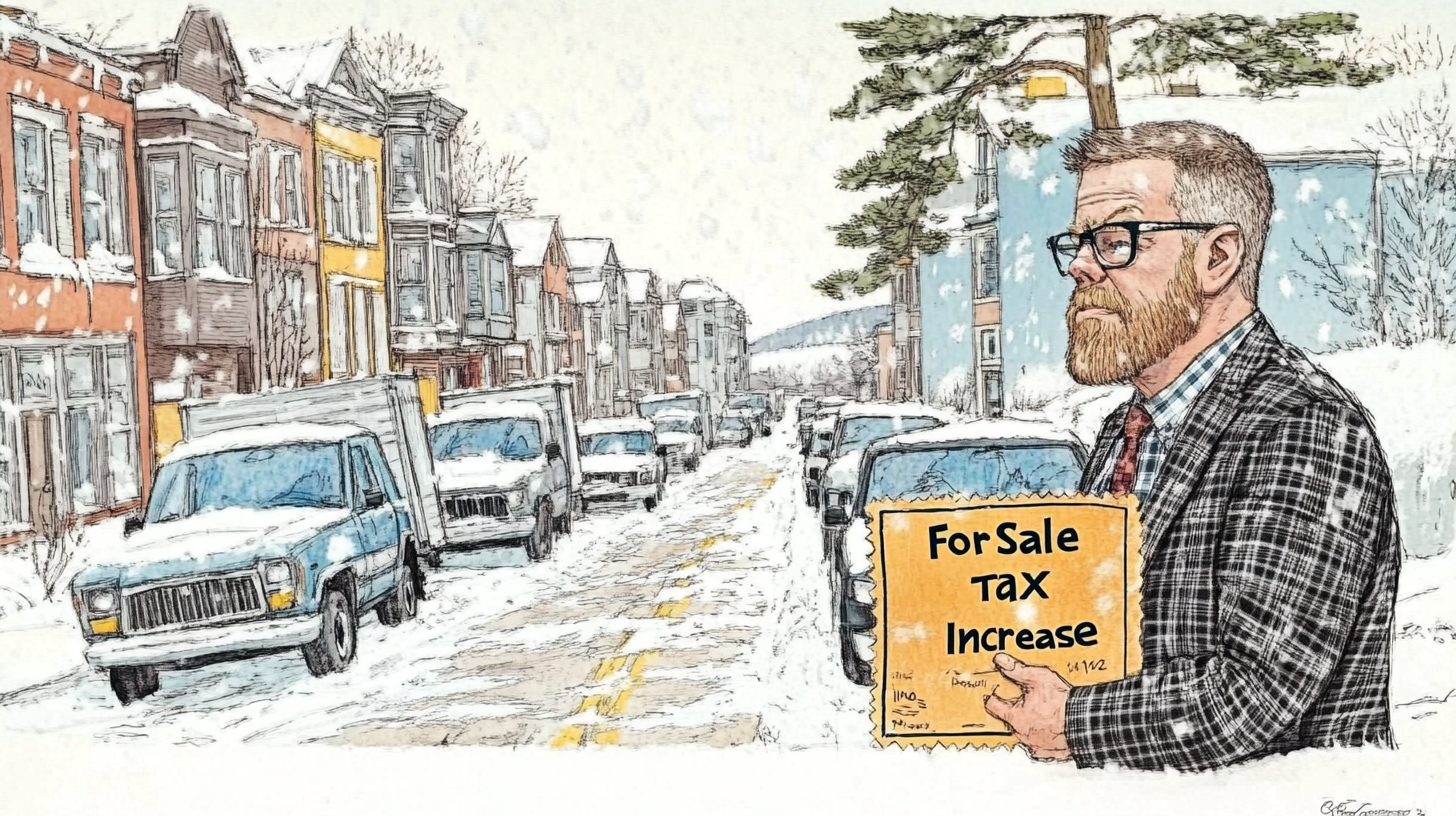 Man in a plaid suit holding a sign that reads 'For Sale Tax Increase' on a snowy street with parked vehicles.
