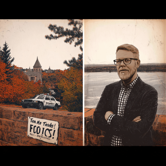An illustration of a man in a black jacket standing next to a police car with a scenic background.