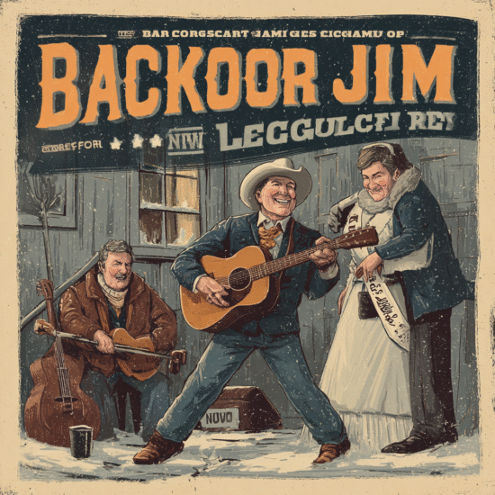 Illustration of a man playing guitar on an album cover titled 'Backdoor Jim' with two other characters in the background.