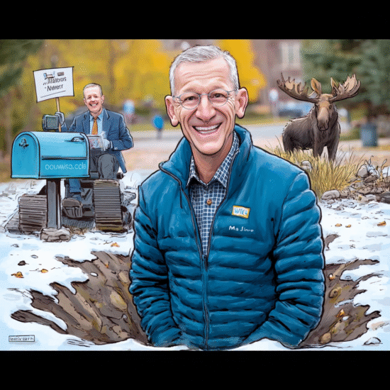 Illustration of a smiling man in a blue jacket standing in a snowy area with a moose in the background.