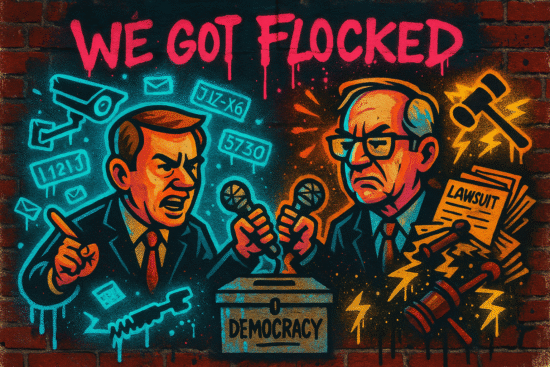 Colorful mural depicting two men arguing over a ballot box labeled 'Democracy' with various symbols in the background.