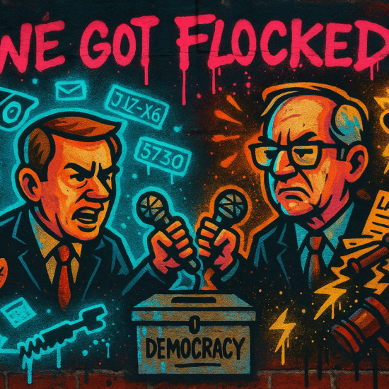 Colorful mural depicting two men arguing over a ballot box labeled 'Democracy' with various symbols in the background.