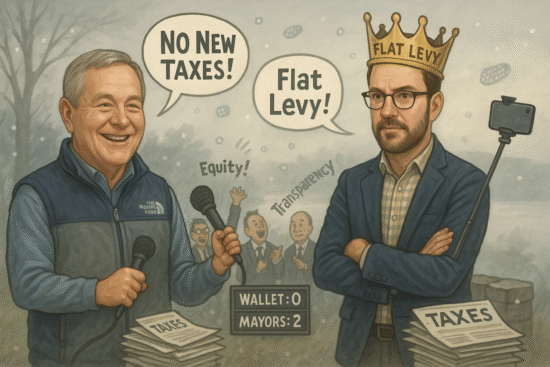 Illustration depicting two mayors in a rap battle, one holding a microphone and the other with a crown.