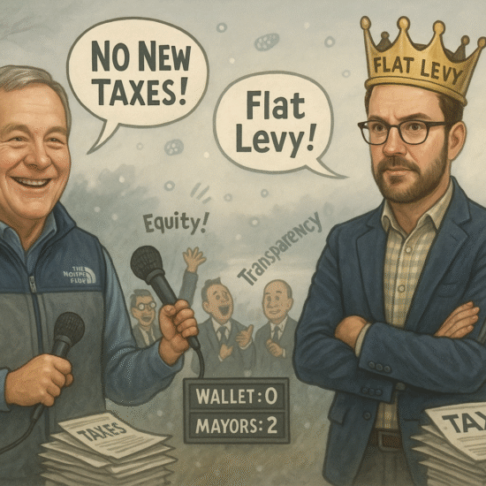 Illustration depicting two mayors in a rap battle, one holding a microphone and the other with a crown.
