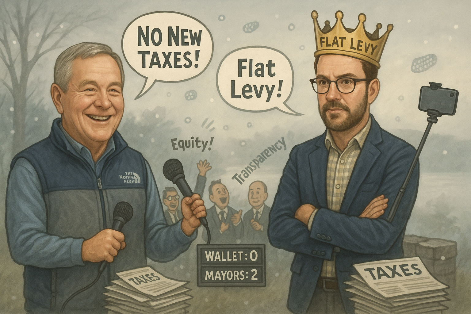 Illustration depicting two mayors in a rap battle, one holding a microphone and the other with a crown.