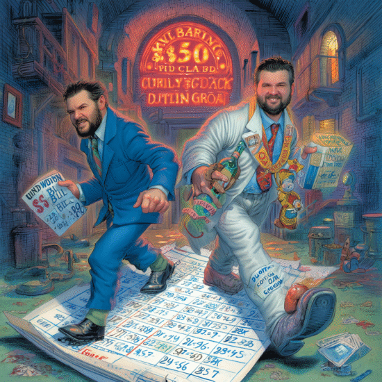 Two men in business suits walking on a large sheet of paper with financial figures and documents.