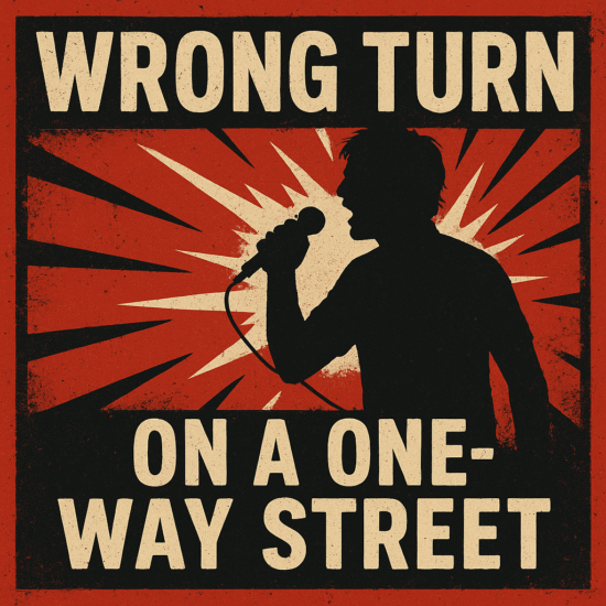 Silhouette of a person holding a microphone with a red and beige background featuring the text 'Wrong Turn on a One-Way Street'.