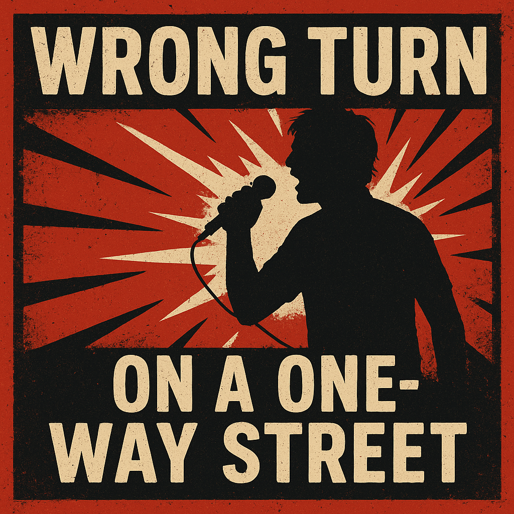Silhouette of a person holding a microphone with a red and beige background featuring the text 'Wrong Turn on a One-Way Street'.
