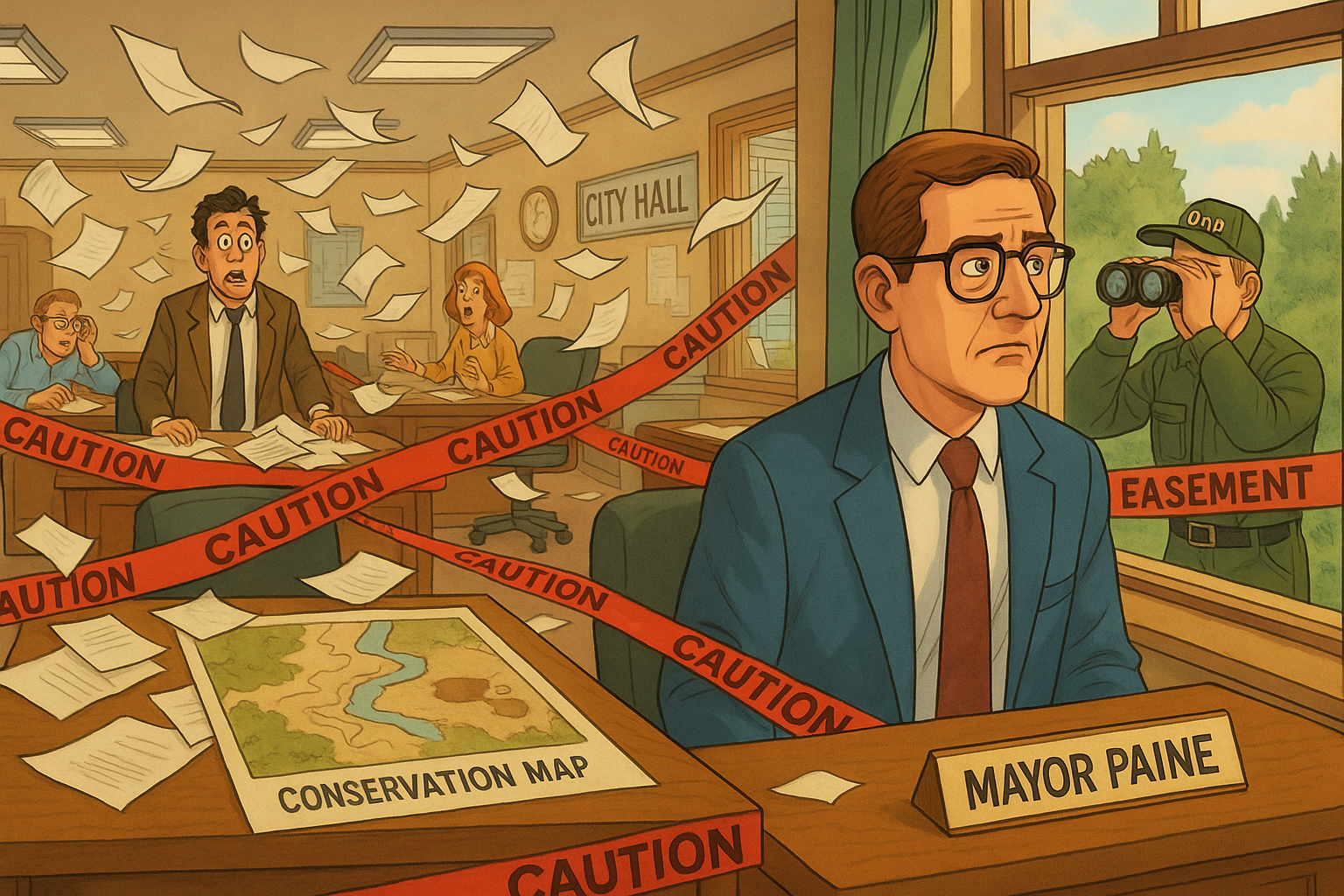 Illustration showing Mayor Paine sitting at a desk in City Hall surrounded by chaos and caution tape.