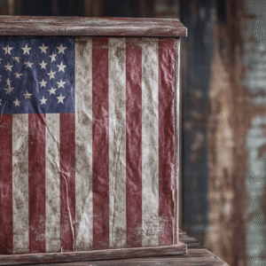 Wooden box featuring a distressed American flag design on its front side.