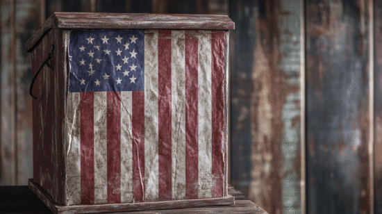 Wooden box featuring a distressed American flag design on its front side.