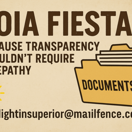 Graphic featuring the text 'FOIA FIESTA' and an illustration of document folders with contact information.
