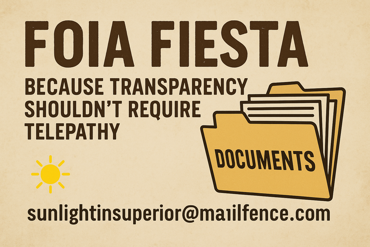Graphic featuring the text 'FOIA FIESTA' and an illustration of document folders with contact information.