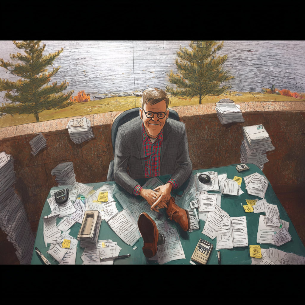 A man in a plaid shirt and glasses sitting at a desk cluttered with papers and office supplies.
