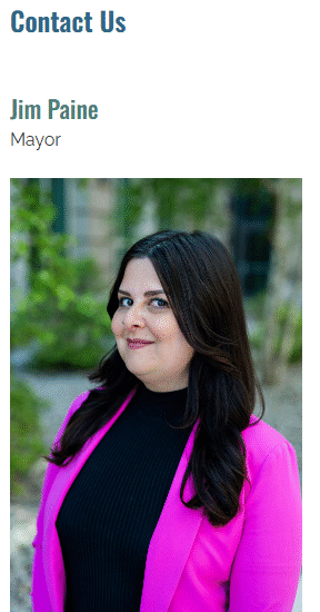 Portrait of Jim Paine, the Mayor, wearing a pink suit and black top, with long dark hair.