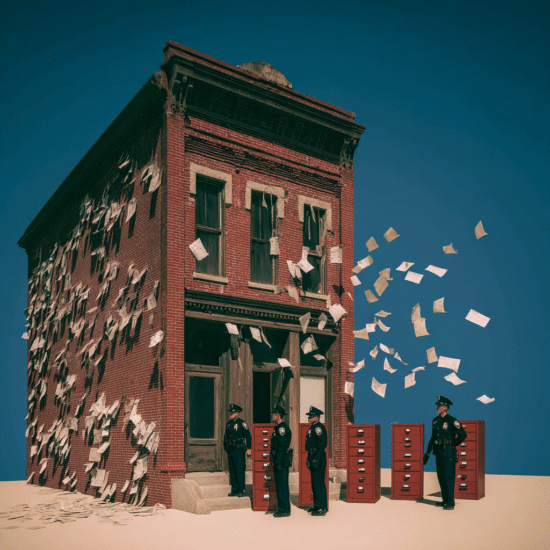 A red brick building with police officers standing in front and documents flying around.