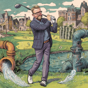 A golfer in a suit swinging a club on a golf course with water features and stacks of money in the background.