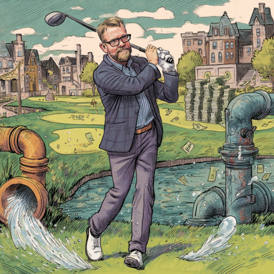 A golfer in a suit swinging a club on a golf course with water features and stacks of money in the background.