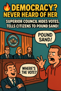 Cartoon illustration of a courtroom scene with characters discussing hidden votes and democracy.