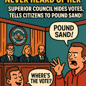 Cartoon illustration of a courtroom scene with characters discussing hidden votes and democracy.