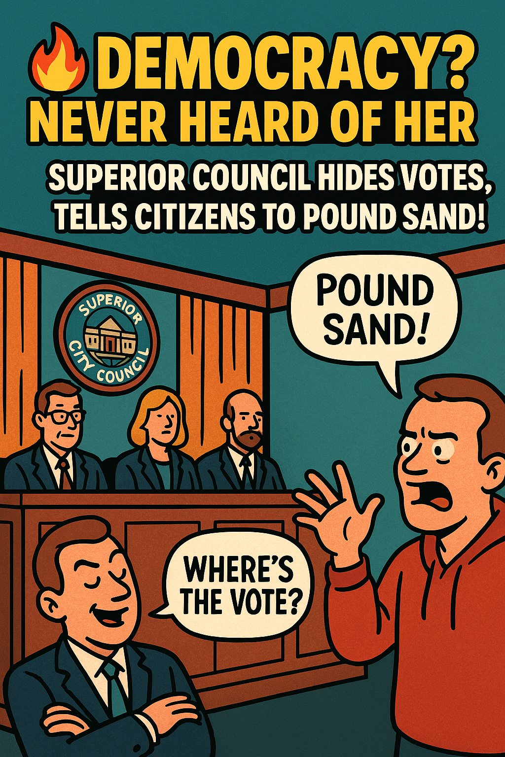 Cartoon illustration of a courtroom scene with characters discussing hidden votes and democracy.