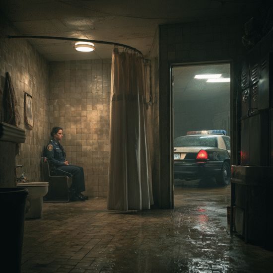 A police officer seated in a dimly lit room with a police car visible in the background.