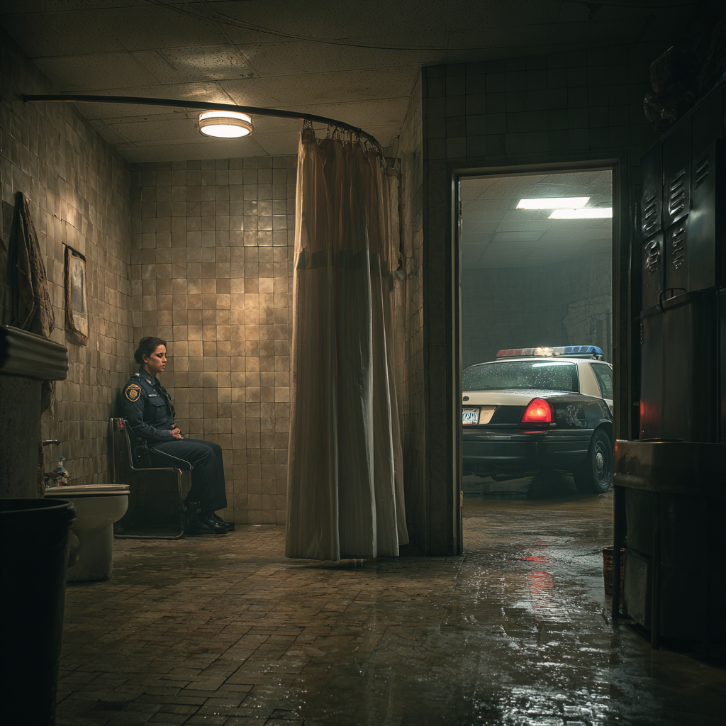 A police officer seated in a dimly lit room with a police car visible in the background.