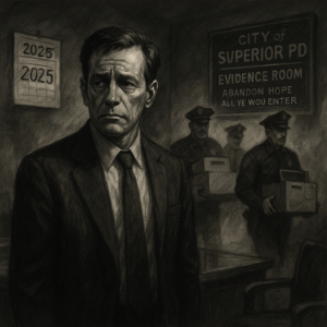 A man in a suit stands in a police evidence room, looking serious, with officers in the background holding boxes.