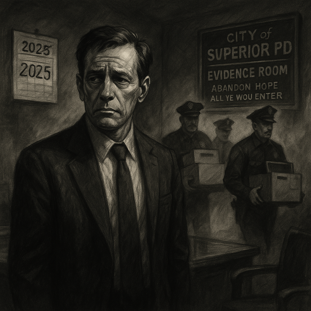 A man in a suit stands in a police evidence room, looking serious, with officers in the background holding boxes.