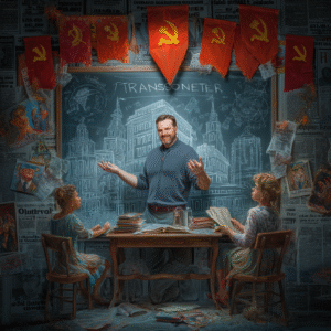 A man stands in front of a chalkboard in a classroom setting, with children seated at a table and Soviet flags in the background.