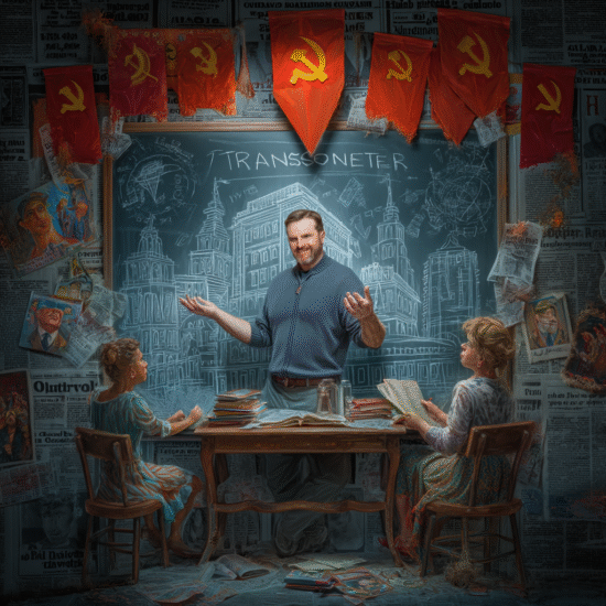 A man stands in front of a chalkboard in a classroom setting, with children seated at a table and Soviet flags in the background.