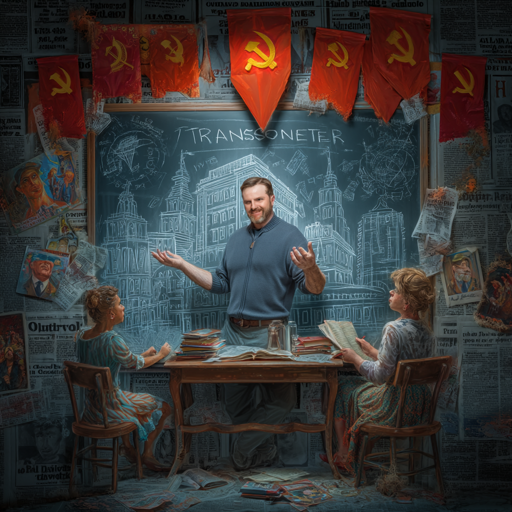 A man stands in front of a chalkboard in a classroom setting, with children seated at a table and Soviet flags in the background.