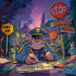 Cartoon police officer sitting at a desk writing a ticket with various signs in the background.