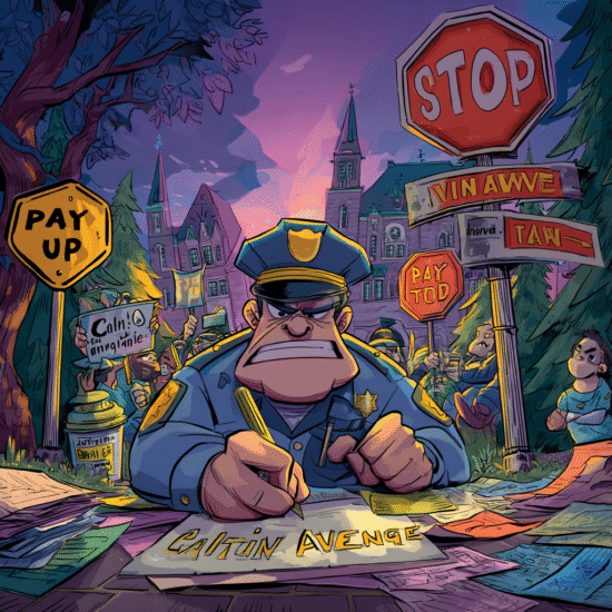 Cartoon police officer sitting at a desk writing a ticket with various signs in the background.